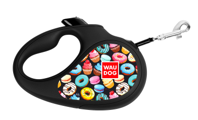 Поводок-рулетка WAUDOG с рисунком "Пончики", размер S, до 15 кг, 5 м черная