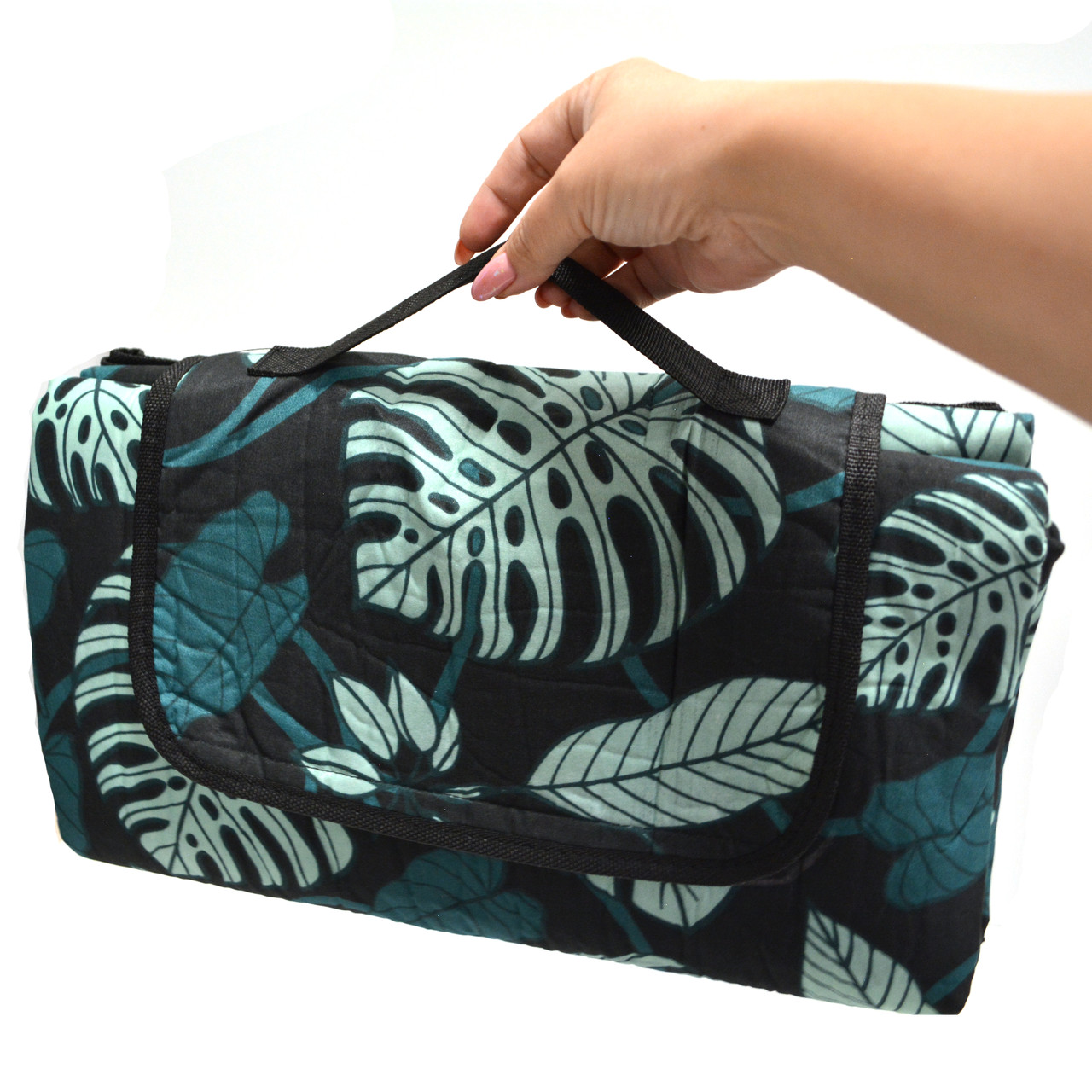 Пляжный коврик-сумка складной непромокаемый текстиль 150х180 см темный тропический узор - фото 4 - id-p91522950