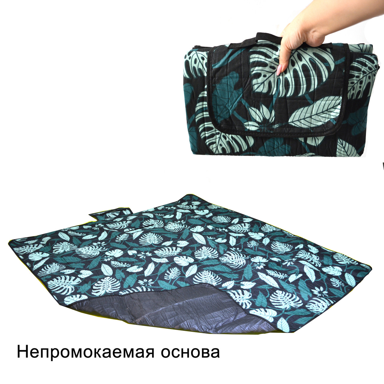 Пляжный коврик-сумка складной непромокаемый текстиль 150х180 см темный тропический узор - фото 10 - id-p91522950