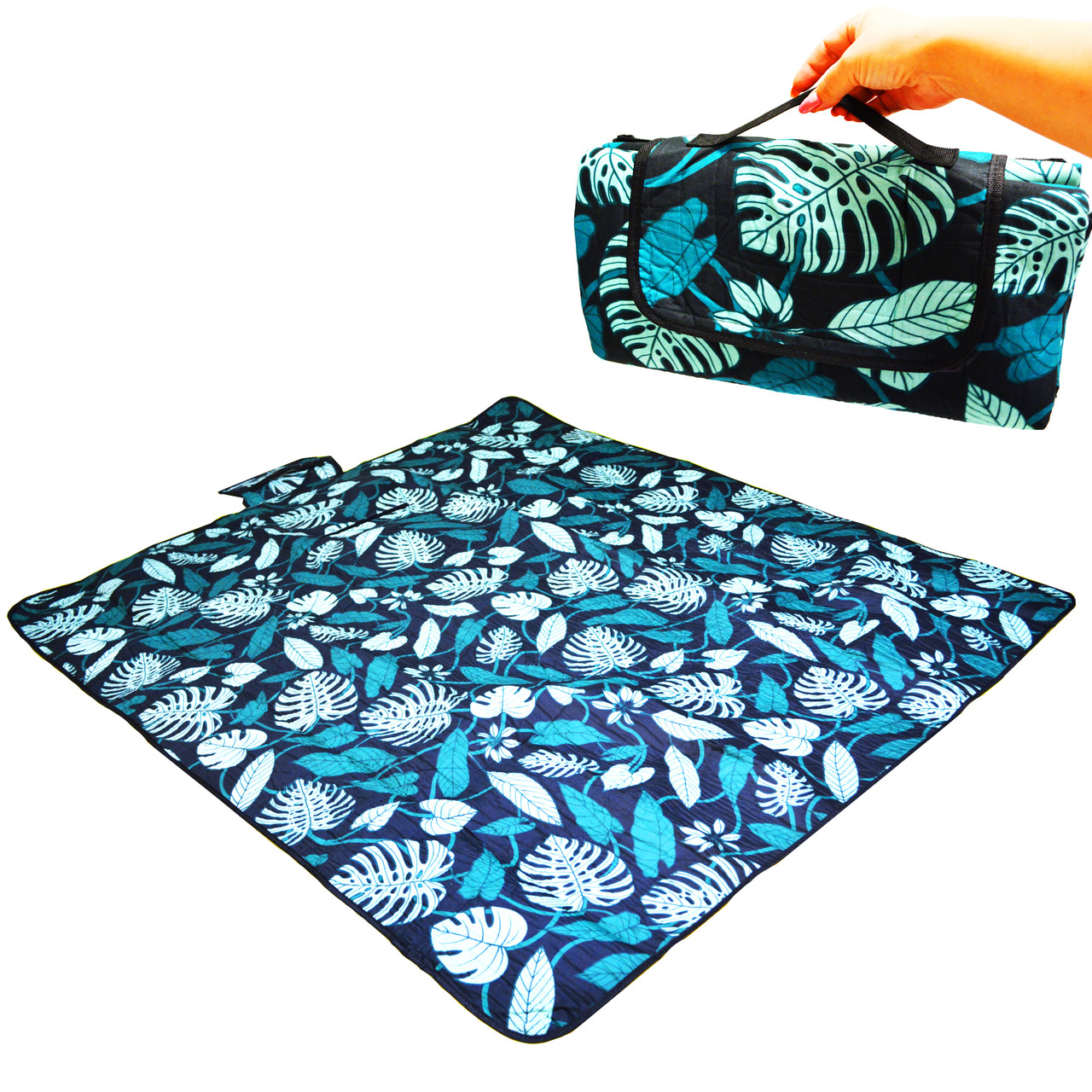 Пляжный коврик-сумка складной непромокаемый текстиль 150х180 см темный тропический узор - фото 9 - id-p91522950