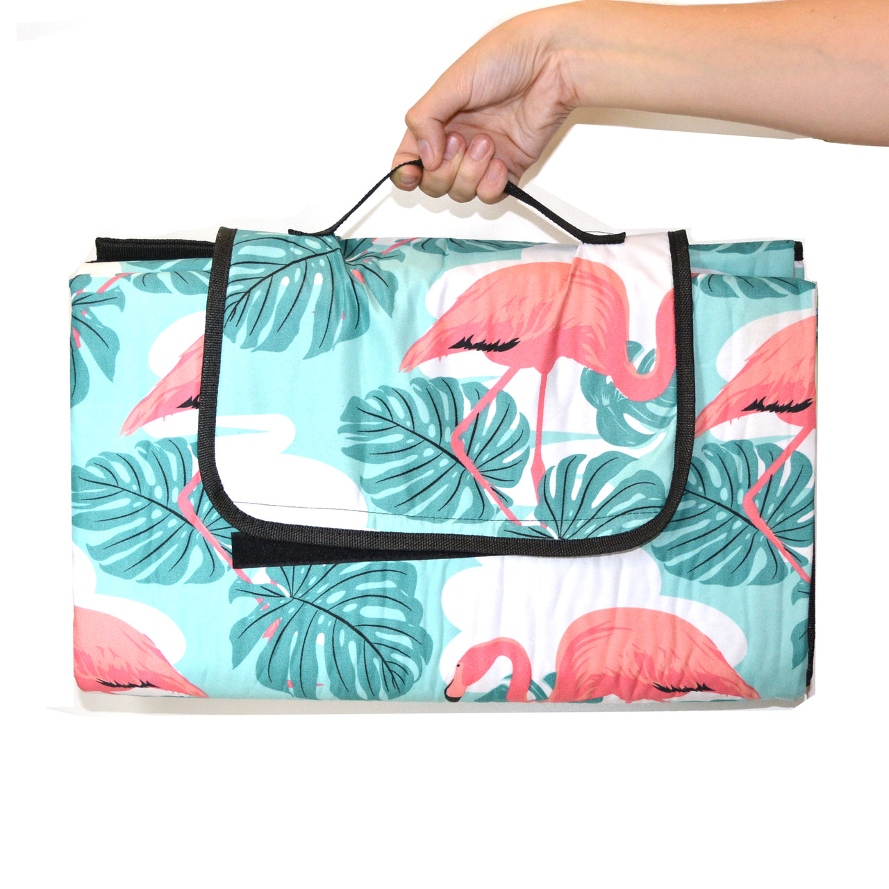 Пляжный коврик-сумка складной непромокаемый текстиль 200х200 см тропический узор с фламинго - фото 5 - id-p91522949