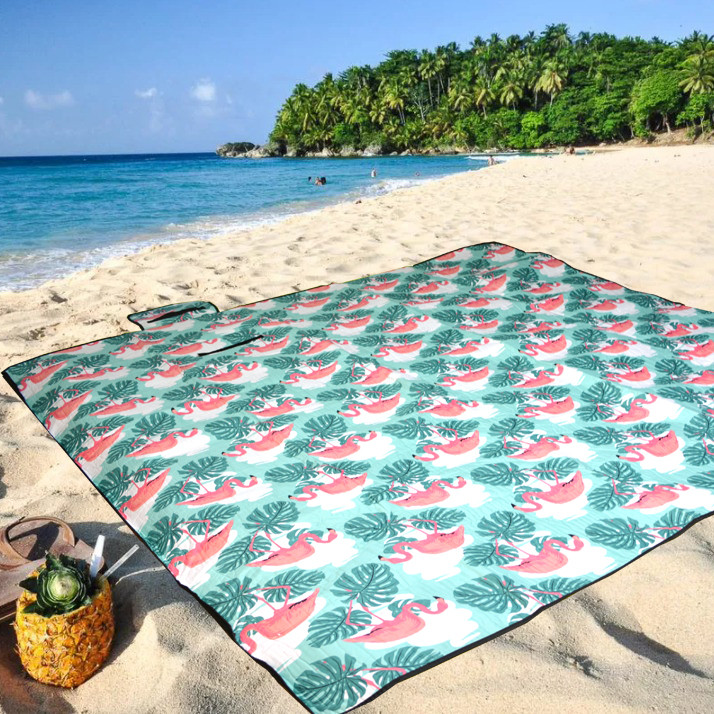 Пляжный коврик-сумка складной непромокаемый текстиль 200х200 см тропический узор с фламинго - фото 8 - id-p91522949