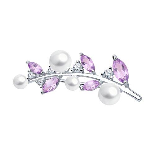 Брошь SOKOLOV серебро с родием, жемчуг swarovski синт. аметист фианит 92040081