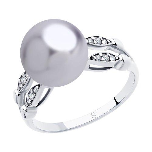 Кольцо из серебра с синтетическим жемчугом и фианитами SOKOLOV 94012918 покрыто  родием