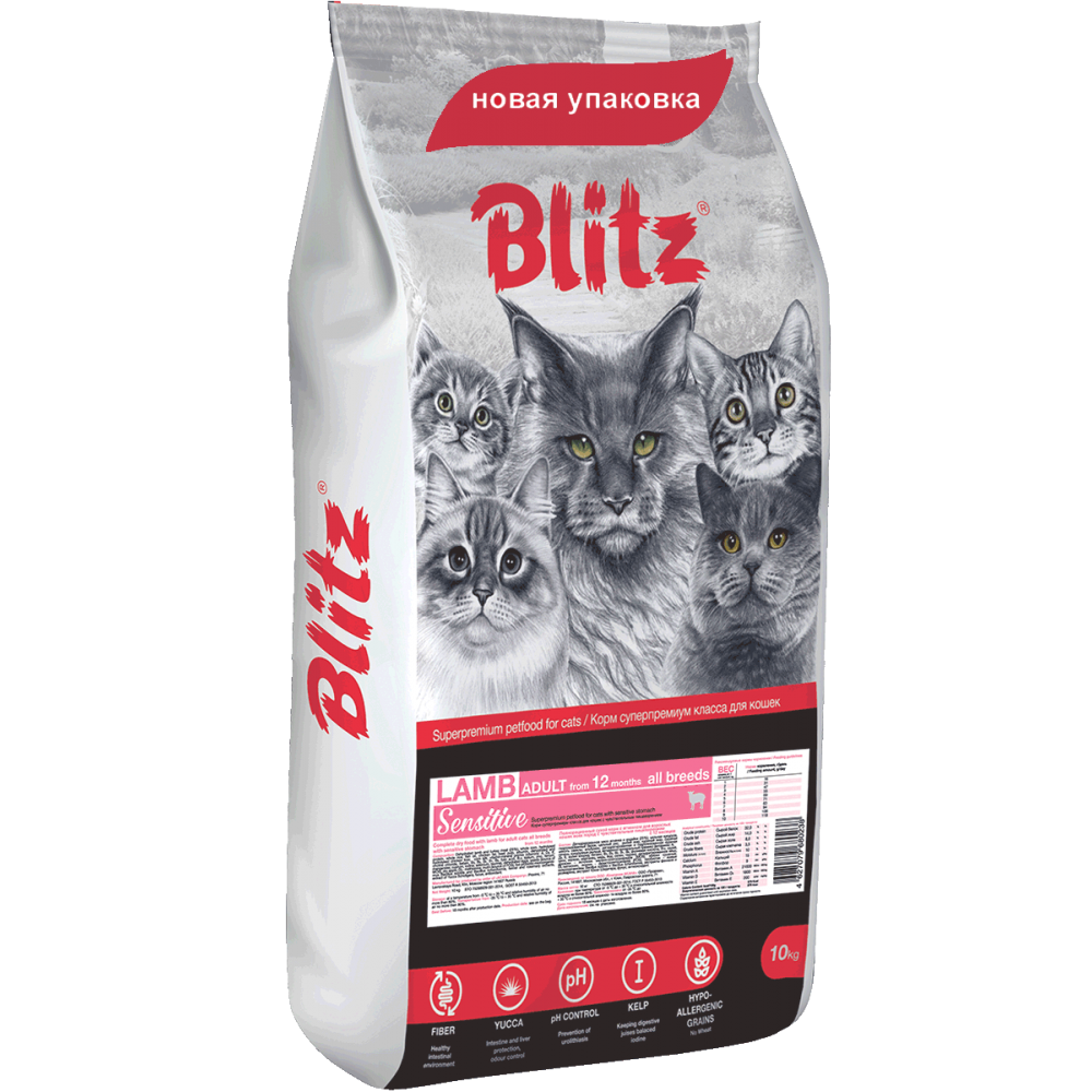Blitz Sensitive Adult Cats Lamb, корм для взрослых кошек со вкусом ягненка,уп.10 кг