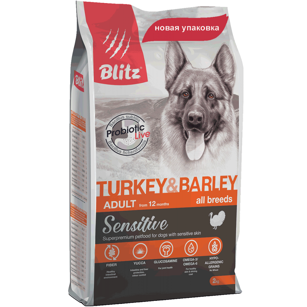 Blitz Sensitive Adult Dog Turkey&Barley, корм для взрослых собак с индейкой и ячменем,уп.15 кг