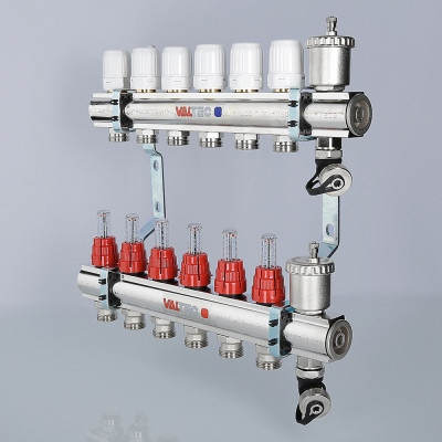 Коллекторный блок латунный с термостатическими клапанами и расходомерами 1" 3 вых. х 3/4" VALTEC - фото 5 - id-p91619413