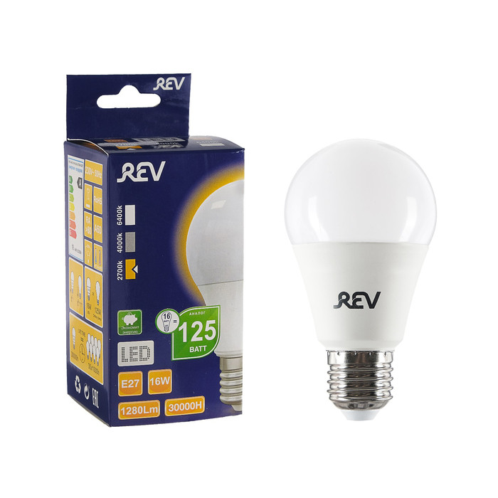 Лампа светодиодная REV LED, A60, 16 Вт, Е27, 2700 K, тёплый свет