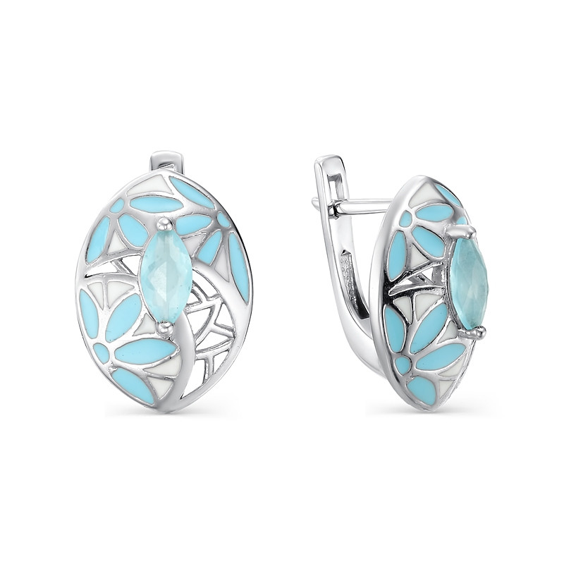Серьги Teosa серебро с родием, агат эмаль, флора 240151-1