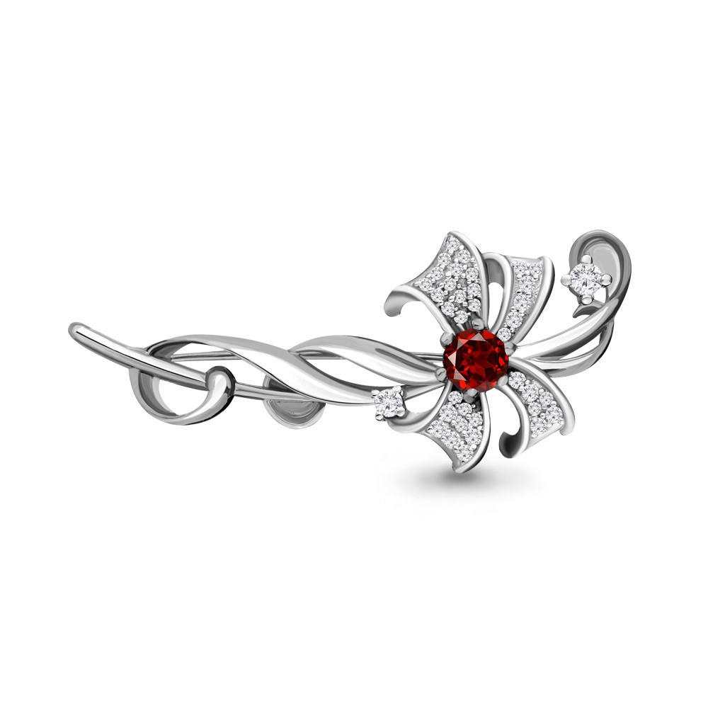 Брошь Aquamarine серебро с родием, гранат фианит, флора 7150803А.5