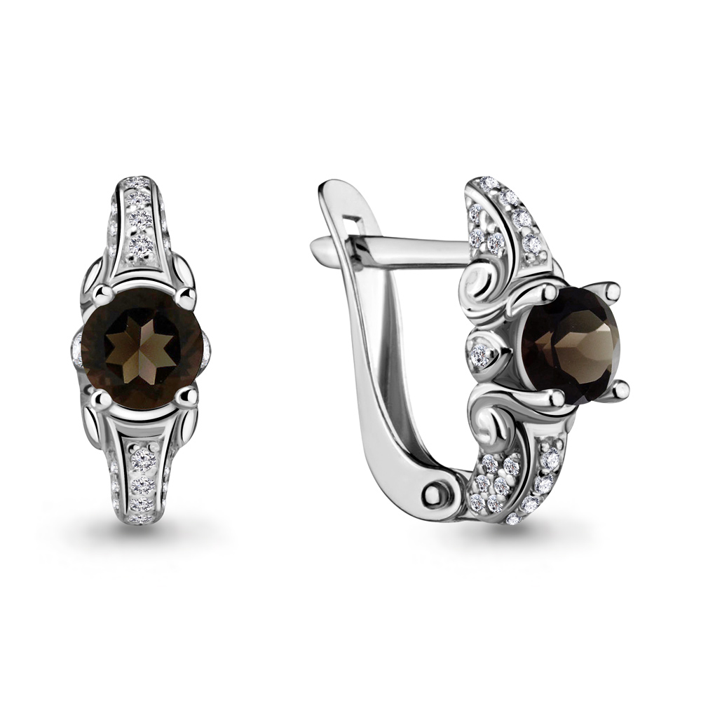 Серьги Aquamarine серебро с родием, раухтопаз фианит, "halo" 4296801А.5