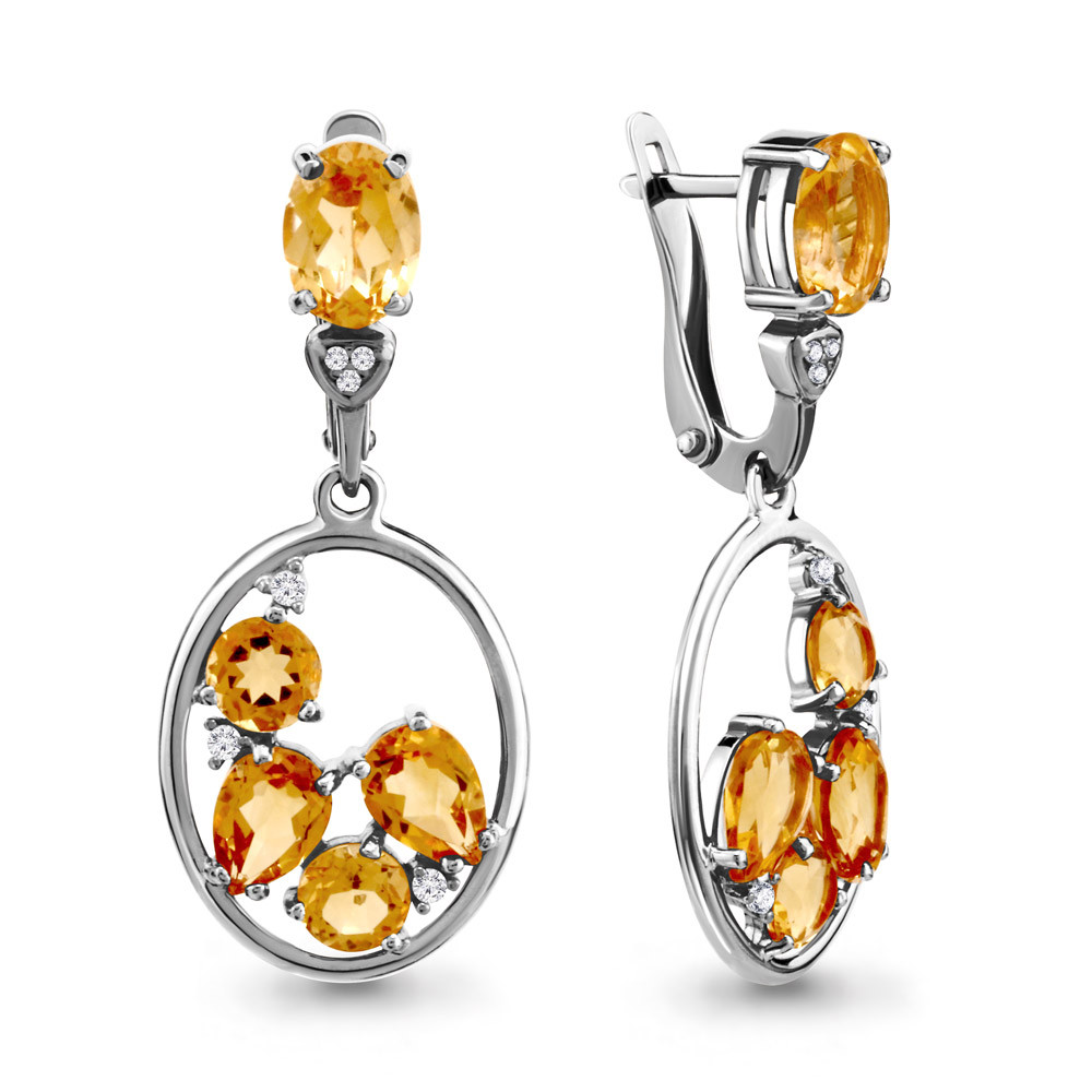 Серьги Aquamarine серебро с родием, фианит цитрин, многокаменка 4707106А.5