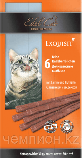Edel Cat, лакомство для кошек, колбаски ягнёнок и индейка, уп. 6шт.