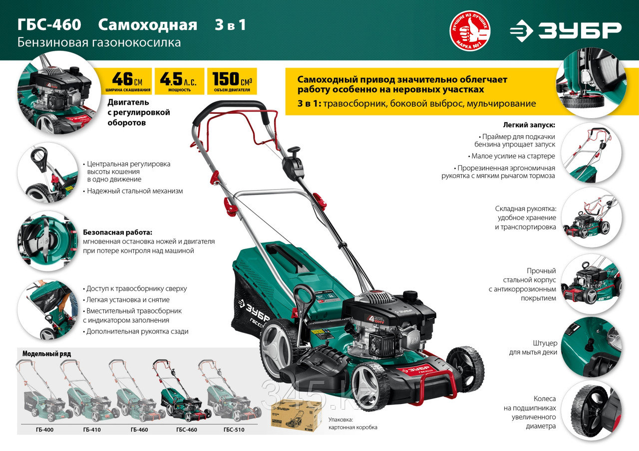 Самоходная газонокосилка бензиновая, ЗУБР 460 мм 4.5 л.с - фото 7 - id-p40404762