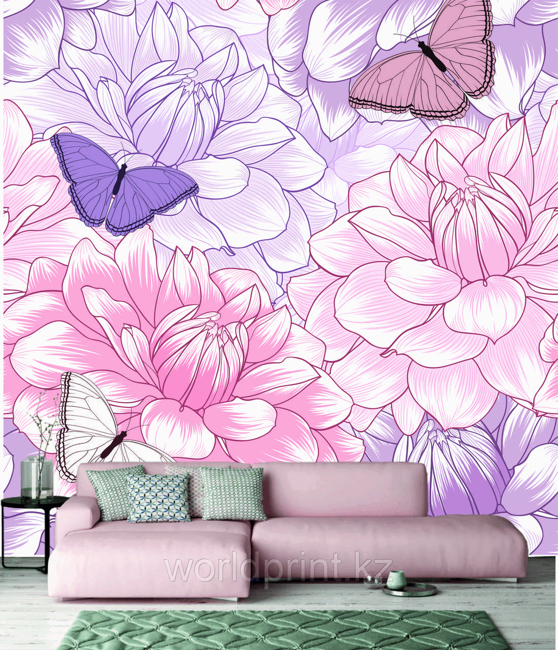Розовые цветы с бабочками