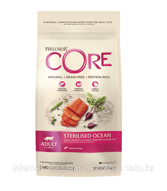 Сухой беззерновой корм для стерилизованных кошек и кастрированных котов Wellness Core Sterilised с лососем
