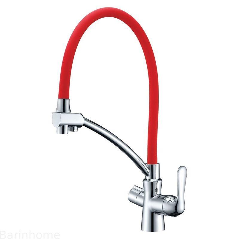 LM3070C-Red Комфорт Смеситель для кухни, с гибким изливом, с подкл. к фильтру пит воды, хром красн