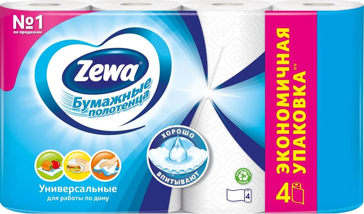 Бумажные полотенца Zewa, 2 слоя, 4 рулона