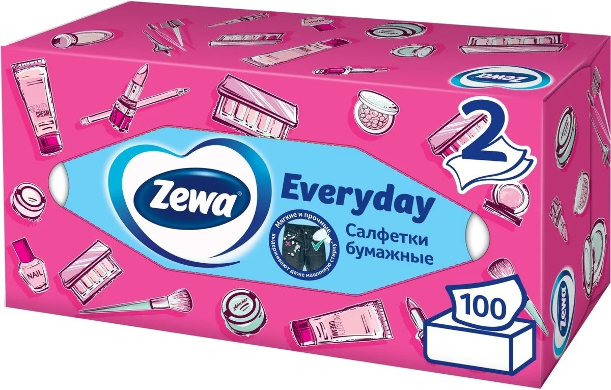 Салфетки бумажные косметические Zewa Everyday, 2 слоя, 100 шт. - фото 1 - id-p91999877