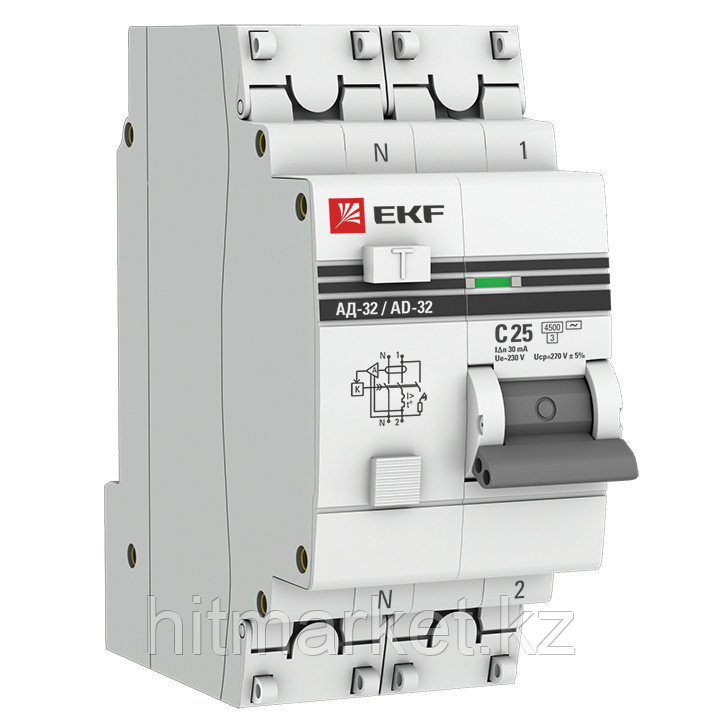Дифференциальный автомат АД-32 1P+N 25А / 30мА (хар. C, AC, электронный, защита 270В) 4,5кА EKF PROxima