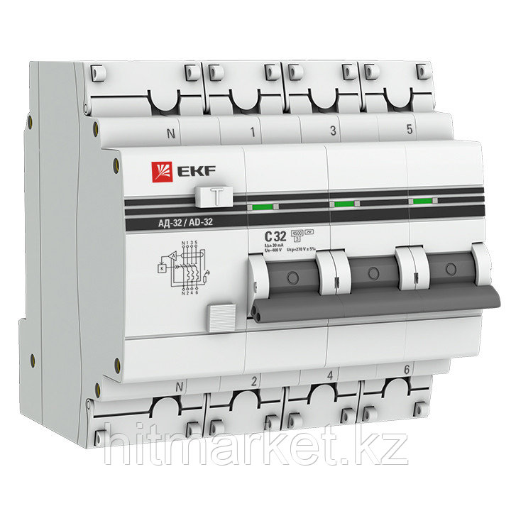 Дифференциальный автомат АД-32 3P+N 32А/30мА (хар. C, AC, электронный, защита 270В) 4,5кА EKF PROxima