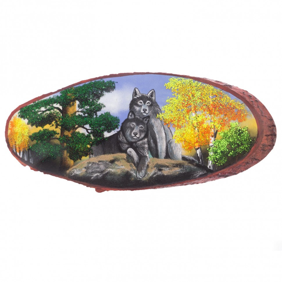 Картина на срезе дерева "Пара волков на камне осень" 70-75 см рисунок из каменной крошки 121942 - фото 1 - id-p92120982