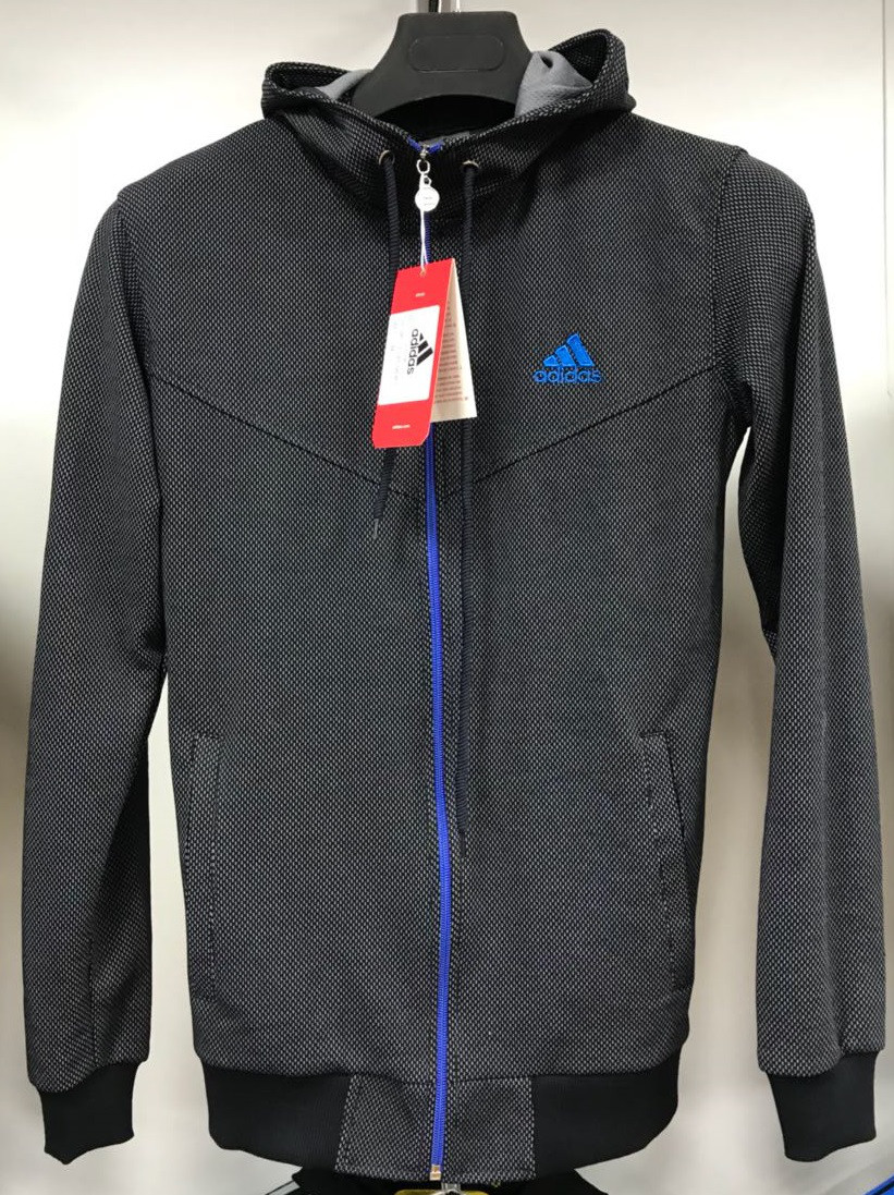 Костюм спортивный мужской Adidas с капюшоном серый на синей молнии - фото 1 - id-p92180213