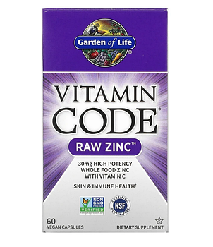 Garden of Life, Vitamin Code, цинк RAW, 60 веганских капсул