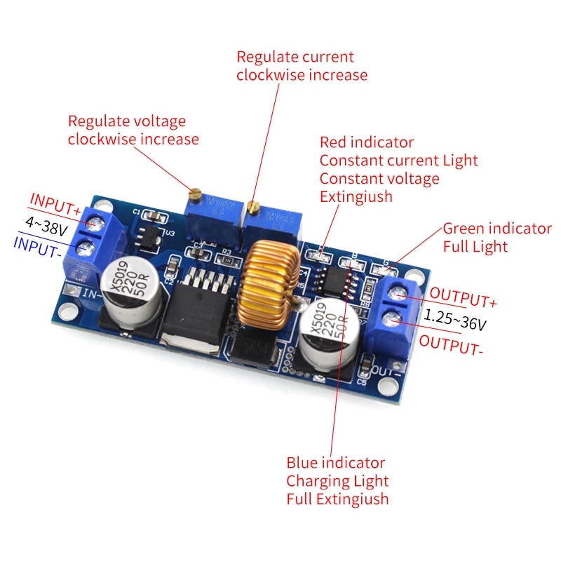 Модуль DC-DC понижающий 6-38В до 1,25-36В up 5A на XL4015 для зарядки лития/ драйвер LED - фото 2 - id-p92182757