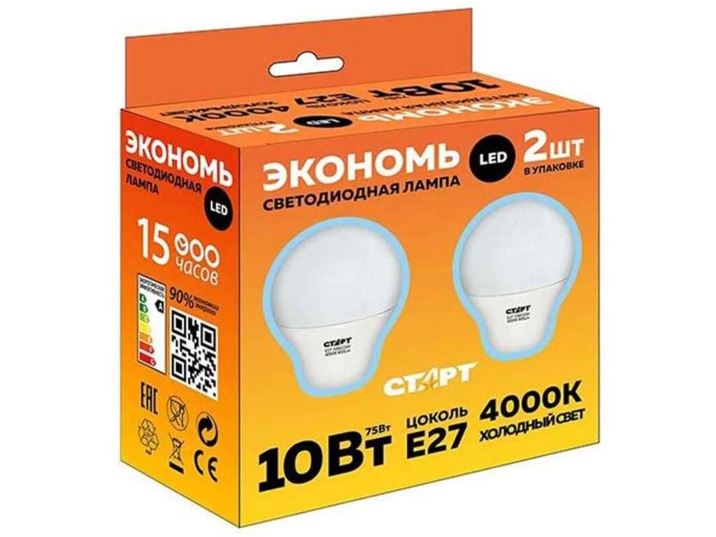 Лампа светодиодная СТАРТ LED GLS E27, 10 W, 40-75, холодный, 2шт/уп
