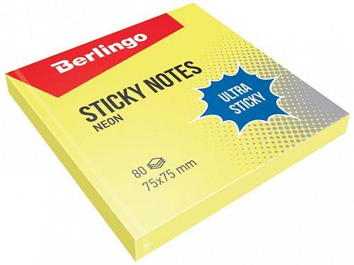 Клейкие листки BERLINGO "Ultra Sticky" 75х75 мм, желтый неон, 80 листов