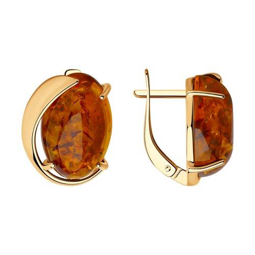 Серьги из золочёного серебра с коричневыми янтарём SOKOLOV 93020624 позолота с английским замком, фото 1