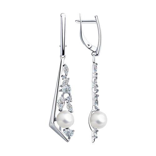 Серьги из серебра с жемчугом и фианитами 94023551 ,с английским замком коллекц. Родированное серебро 925