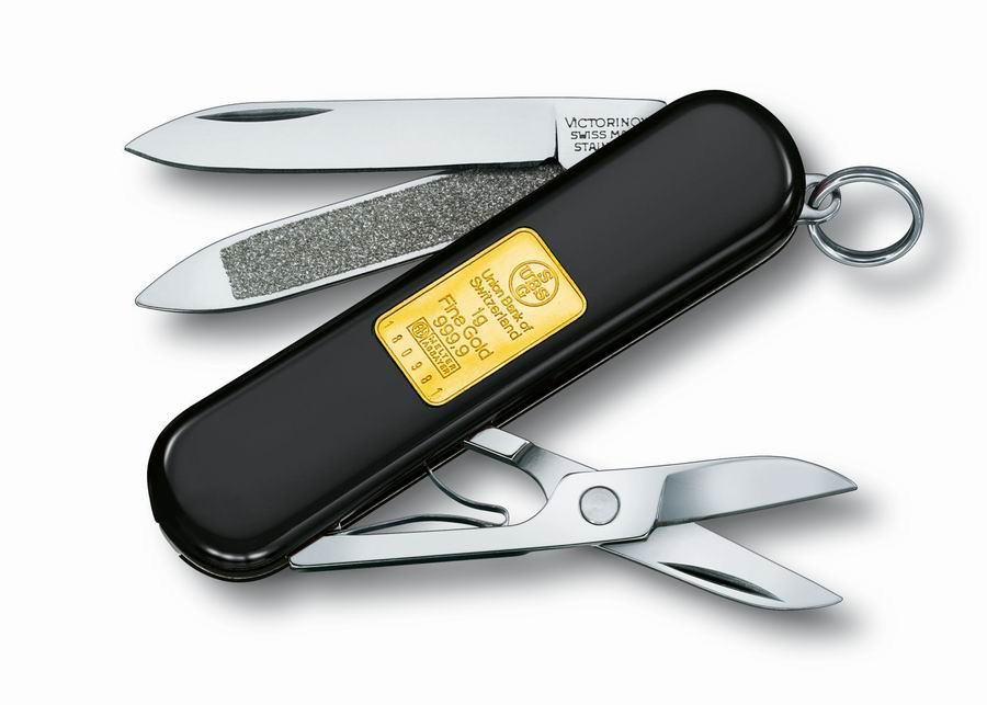 Нож VICTORINOX Мод. CLASSIC GOLD (999.9к. - 1г.)(58мм) - 6 функций, черный  R 18176