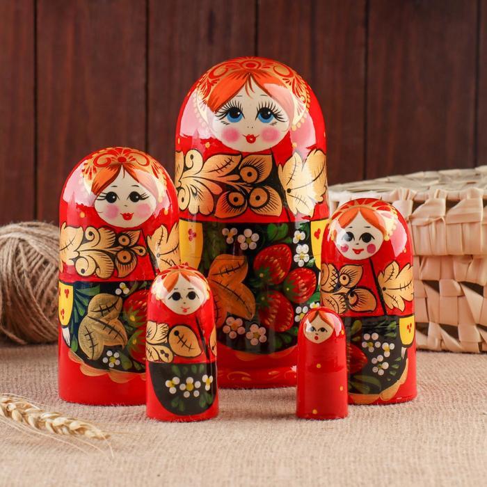 Матрёшка «Хохлома», красный платок, 5 кукольная, 17 см