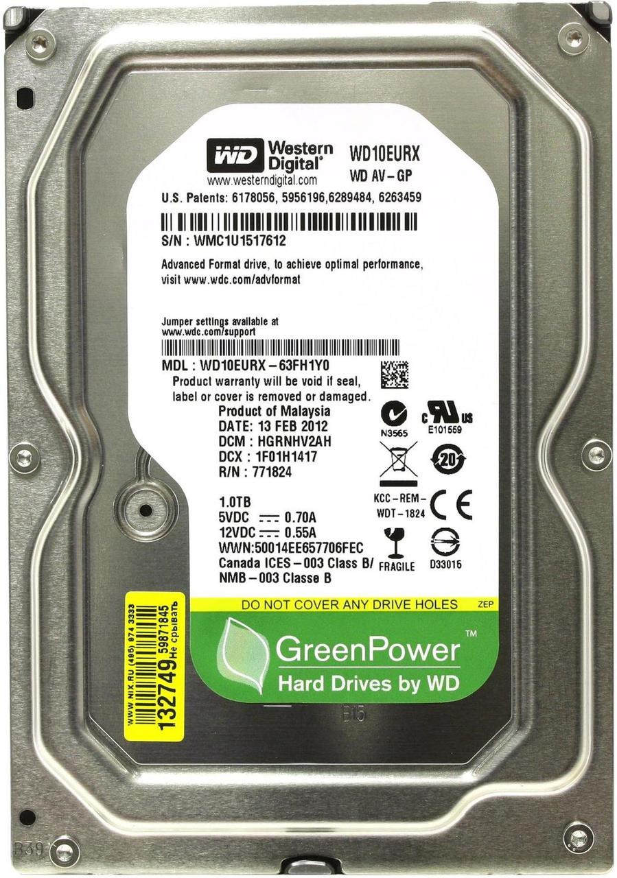 Жесткий диск, HDD 1 Tb Western Digital AV-GP, WD10EURX