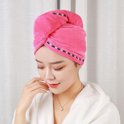 Полотенце для сушки волос банное тюрбан из микрофибры с пуговицей розовое