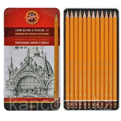 Набор карандашей чернографитных разной твердости 12 штук Koh-i-Noor 1500, HB-10H, в металлическом пе