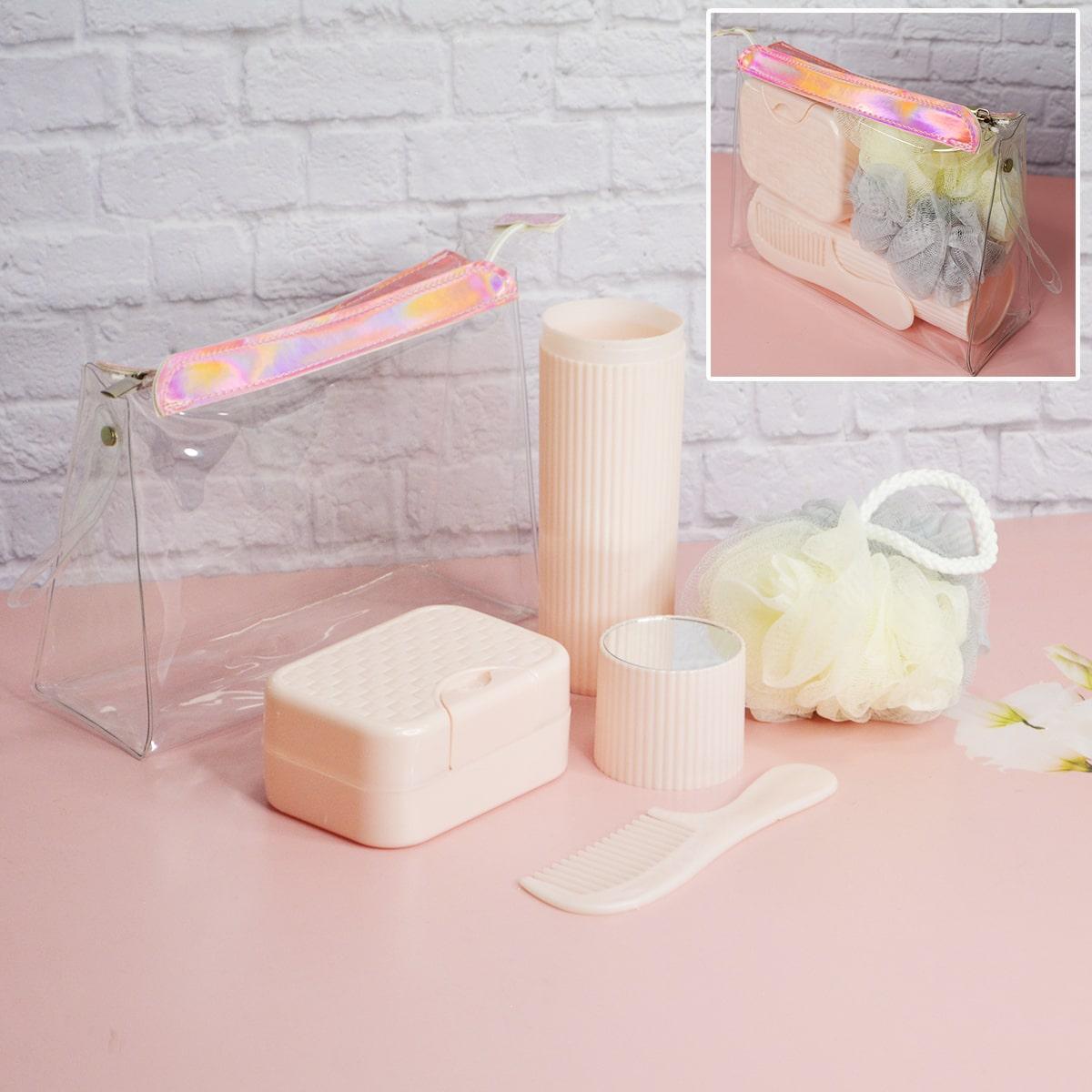 Банный дорожный набор 5 предметов (футляр для зубной щетки, вехотка, мыльница, расческа, косметичка) розовый