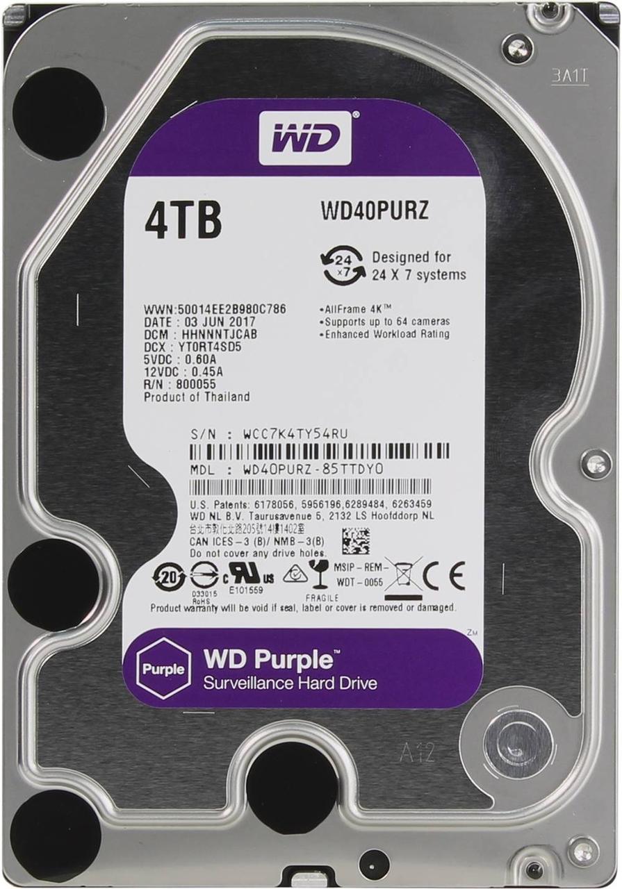WD40PURZ Жёсткий диск WD Purple WD40PURZ 4ТБ 3,5" IntelliPower 64MB (SATA-III) DV - фото 1 - id-p92606391
