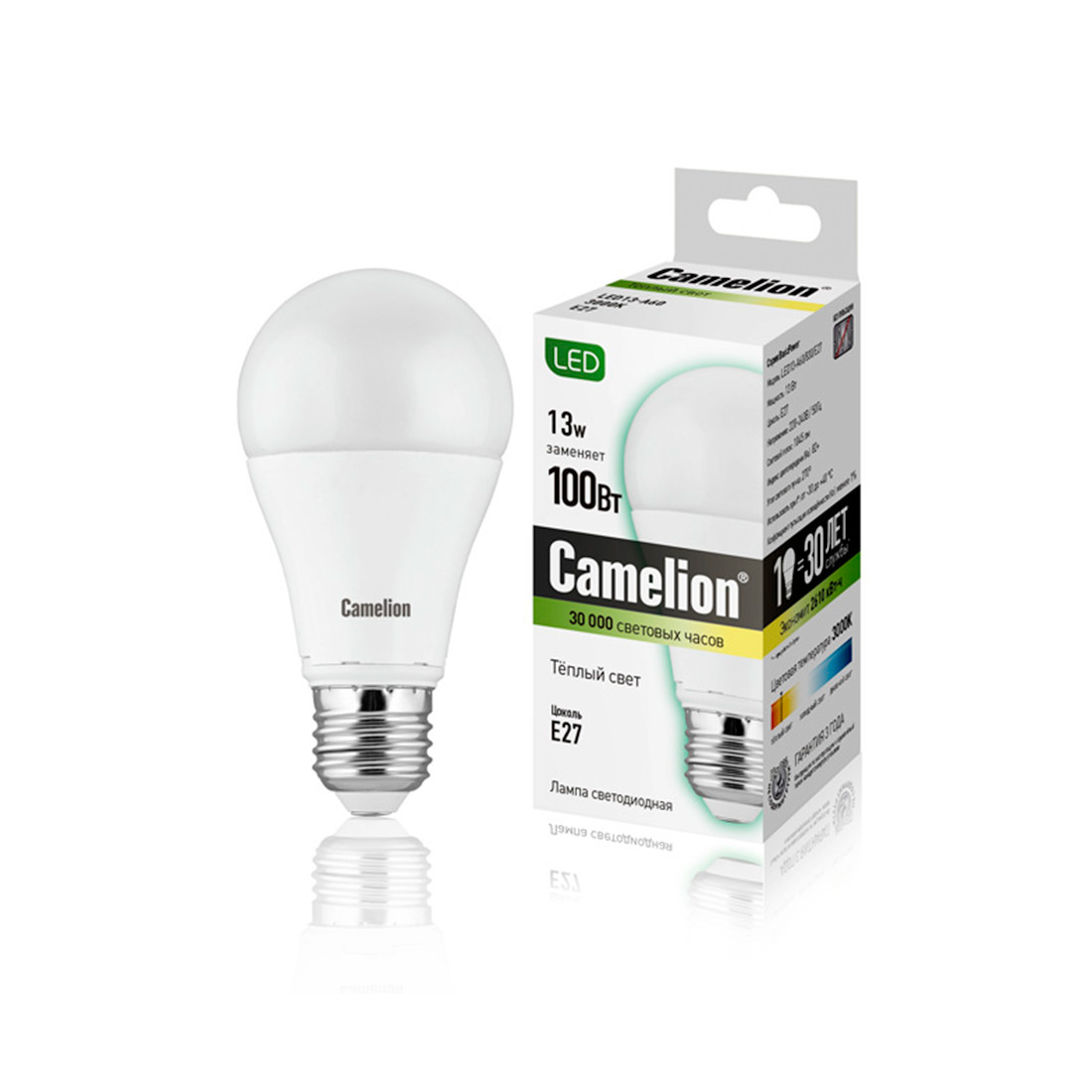 Эл. лампа светодиодная Camelion LED13-A60/830/E27, Тёплый - фото 1 - id-p92653672