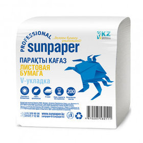 Туалетная бумага листовая Sunpaper, 200 л., 2-х слойная, V-сложение, белая