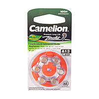 CAMELION A13-BP6(0%Hg) Батарейка Zinc Air, 6 шт. в блистере, для использования в слуховых аппаратах