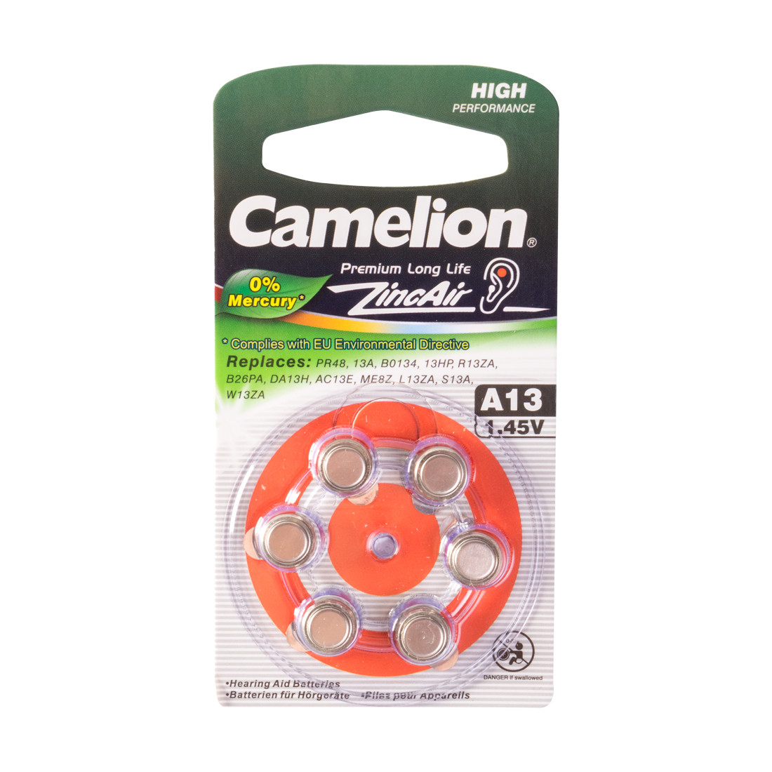 CAMELION A13-BP6(0%Hg) Батарейка Zinc Air, 6 шт. в блистере, для использования в слуховых аппаратах - фото 1 - id-p92870132