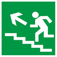 Указательный знак безопасности "Направление к эвакуационному выходу по лестнице вверх налево"