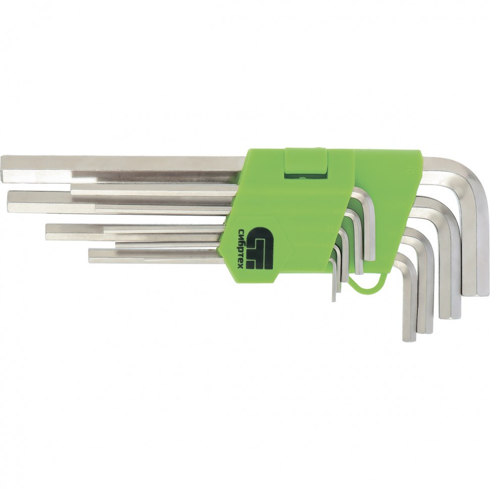 Набор ключей имбусовых HEX, 1.5-10 мм, 45x, закаленные, 9 шт, удлиненные, никель Сибртех - фото 1 - id-p92965112