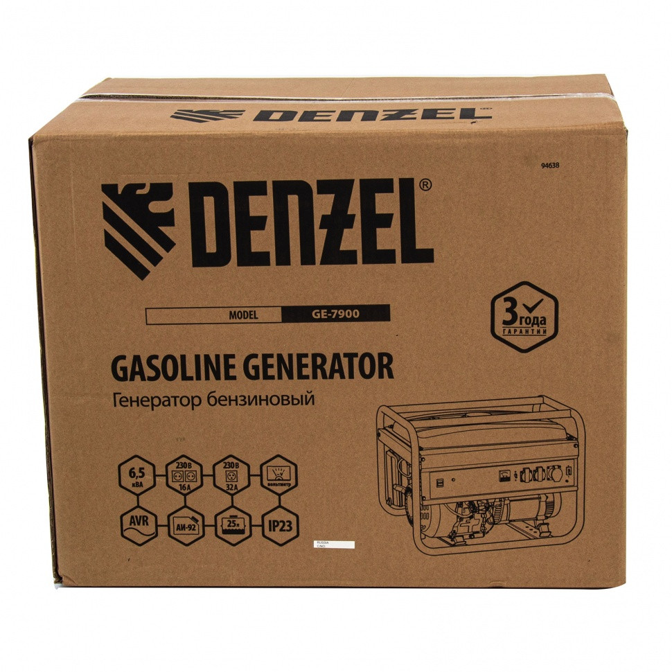 Генератор бензиновый GE 7900, 6.5 кВт, 220 В/50 Гц, 25 л, ручной пуск Denzel - фото 8 - id-p92968192