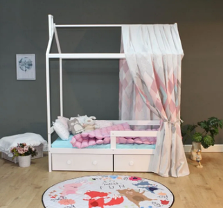 Кровать детская домк TOMIX "GALAXY", (Белый), материал: массив березы, ЛДСП, МДФ, оснащена защитным бортиком,