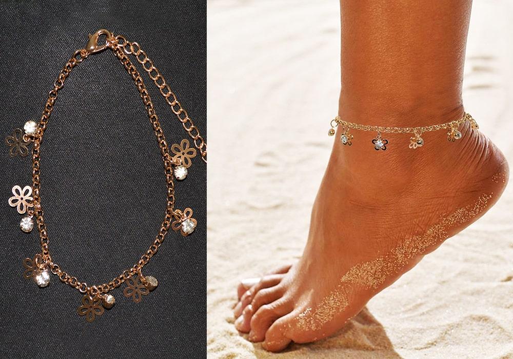 Браслет на ногу с кристаллами и подвесками в виде цветочков Anklets золотистый