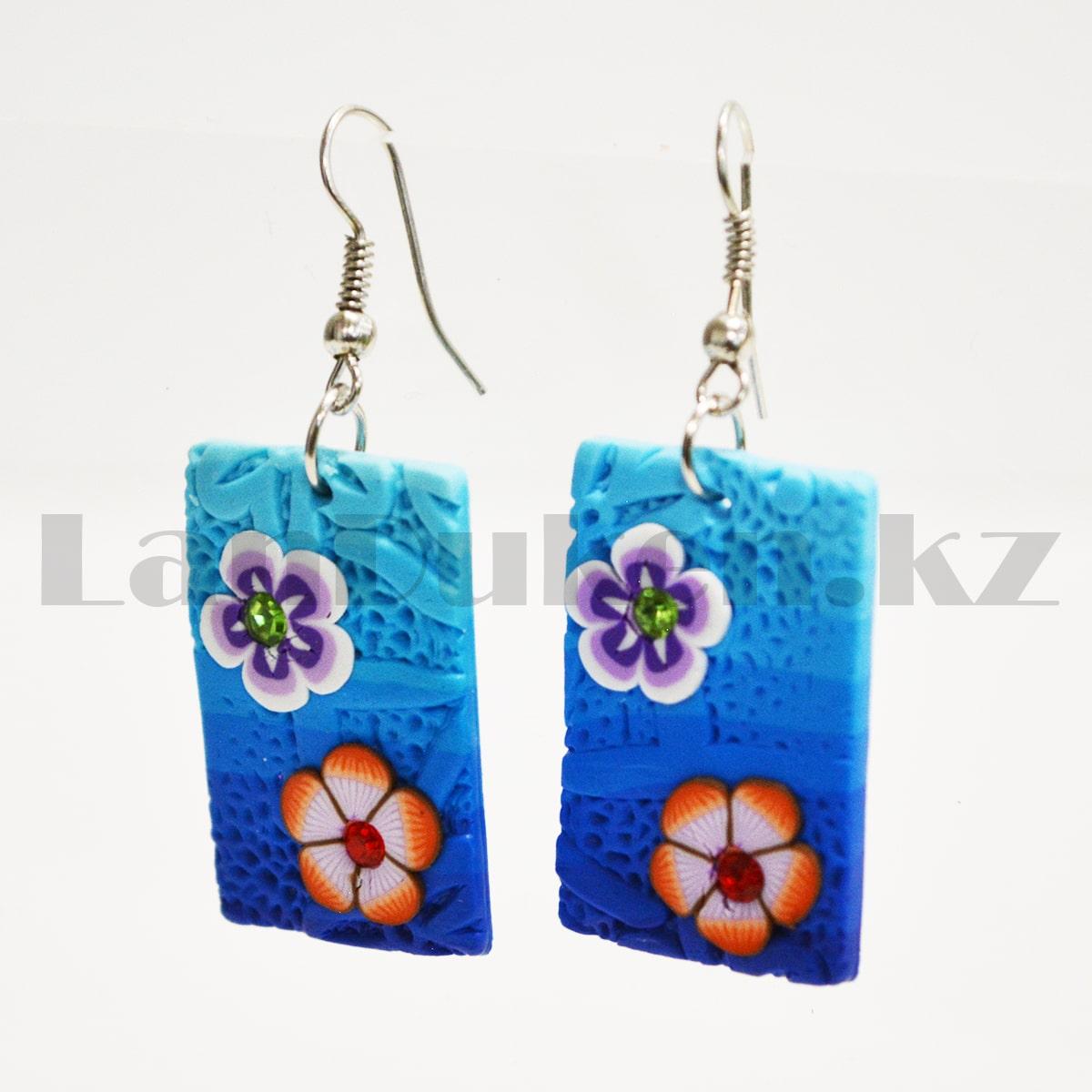 Серьги с гавайскими цветочками прямоугольные в голубых оттенках - фото 3 - id-p93073797